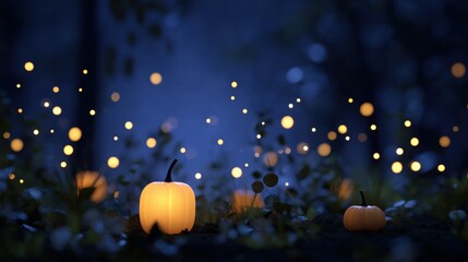 Fototapeta premium Illuminated pumpkin lanterns cast a soft glow, their gentle light dancing amongst glimmering fireflies against the backdrop of a tranquil night in a forest setting.