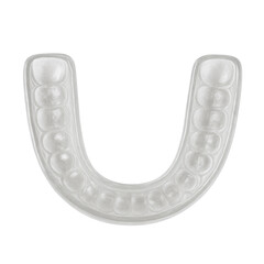 Transparent dental mouth guard with smooth clear plastic surface and detailed tooth impressions, photographed from an angled top side view on white background with soft even lighting in studio