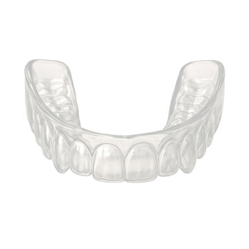 High resolution transparent dental mouth guard with smooth glossy surface and detailed tooth impressions, photographed from the front against white background with minimal shadows, studio lighting