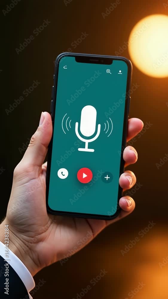 Poster voice recording. man touching microphone icon on smartphone. mobile application record sound, audio,