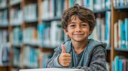 Young boy smiles while giving a thumbs up in a library setting during the daytime