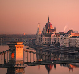 Hungarian Parliament at Sunrise with Reflection on the Danube River