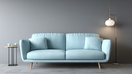 Clean interior showcasing light blue sofa, lamp, and table against a gray wall backdrop
