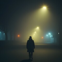 man walking in the fog
