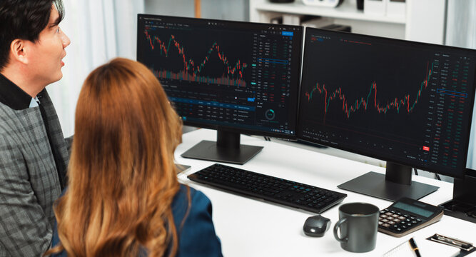 Panoramic photo of analyzing Asian businesswoman looking dynamic stock exchange data on two screen talking with businessman partner online website program at home office at back side view. Infobahn.