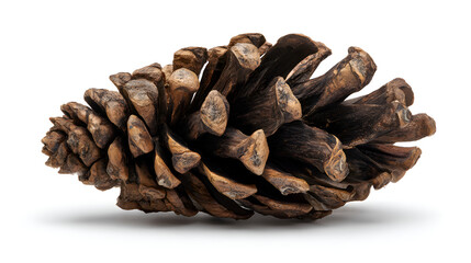 Detailed Close Up of a Brown Pine Cone Isolated on White Background Detailed photography of a mature pine cone showcasing its intricate texture and