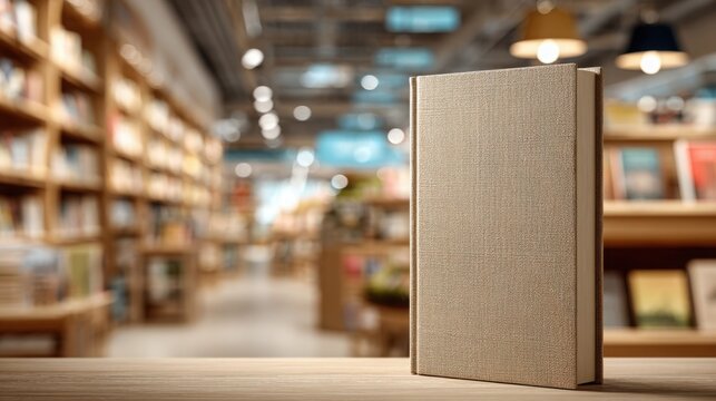 Book on wooden table in cozy bookstore with shelves full of colorful books
