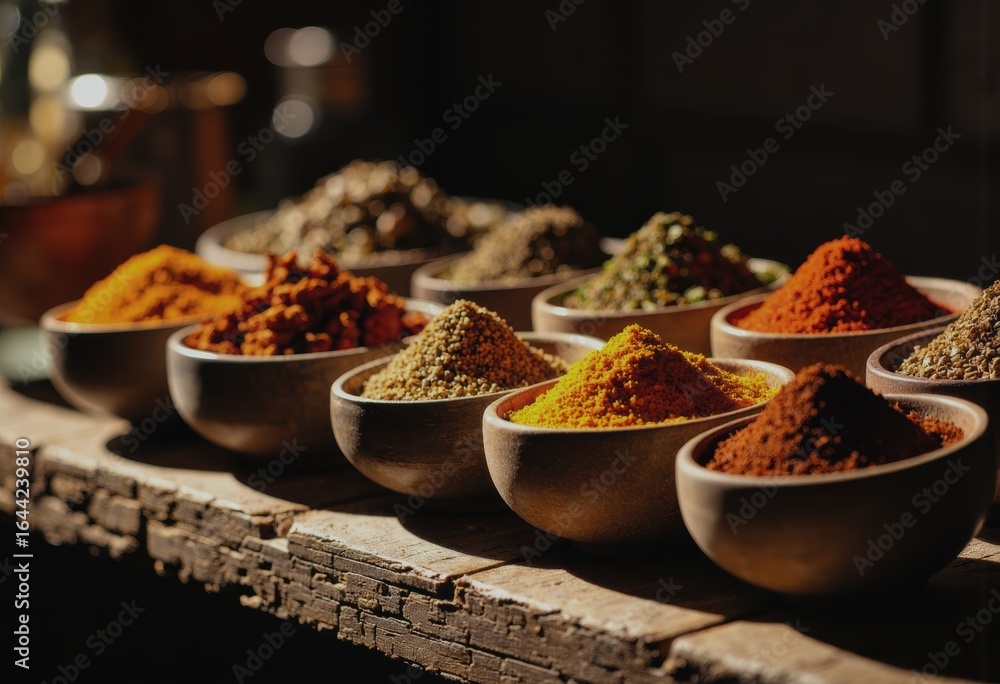 Poster restaurant garnish station featuring an array of colorful spices in plain containers