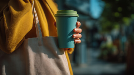 Young adult using reusable coffee cup and eco-friendly shopping bag at an urban farmers market in vibrant natural light