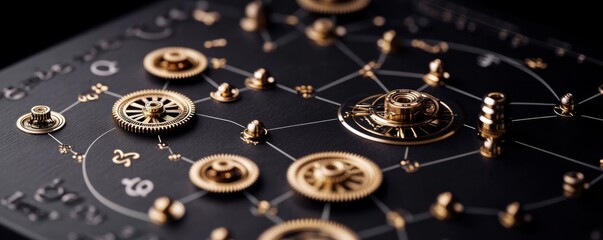 Golden Gears on Black Connected Mechanism, Science, Steampunk