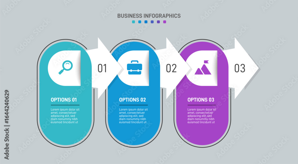 Aufkleber progress bar featuring 3 arrow-shaped elements, symbolizing the three stages of business strategy an