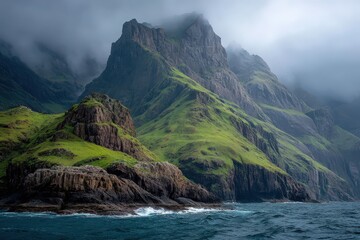 Coastal Mountain Majesty: A breathtaking vista of a rugged, green mountain range meeting the turbulent sea. Cloudy skies frame the craggy peaks, embodying nature's untamed grandeur.