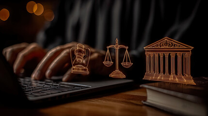 Lawyer types on laptop with holograms of gavel, scales and courthouse illuminated in orange on desk. Generated with AI
