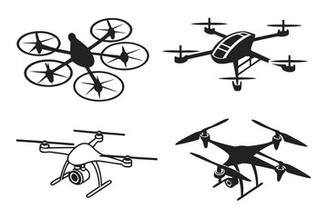 Vector art of various drone silhouettes isolated on white background for your project