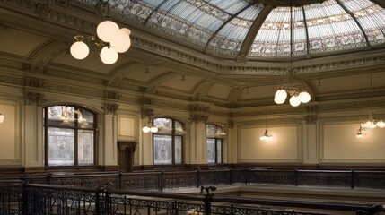 Grand interior hall with ornate architectural details and stained-glass ceiling.