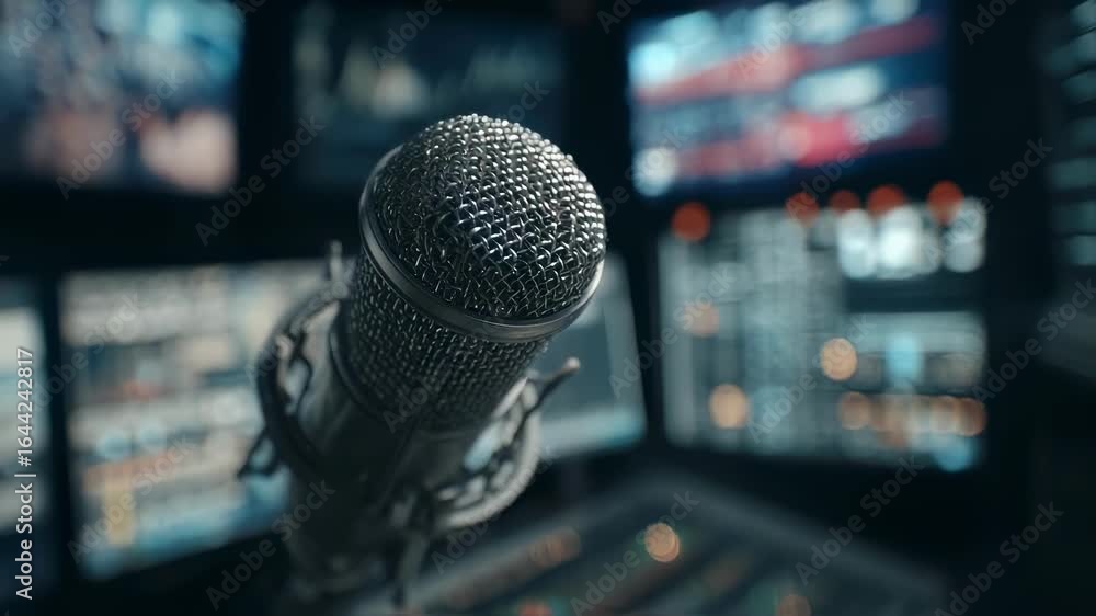 Poster closeup medium shot of a microphone inside an ai audiocleanup booth the mic crystal clear against a 