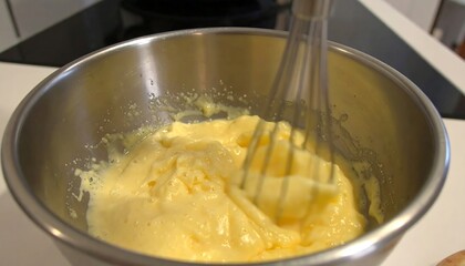 Creamy mixture whisked in a bowl