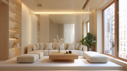 Fototapeta premium Cozy, minimalist living room with large windows and neutral, beige color palette