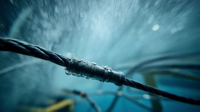 Closeup medium shot of a tidal kite tether under tension inside a test tank highlighting intricate cable details with the rest of the tank environment gently out of focus.