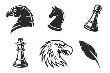 Illustration of chess pieces, eagle, and feather icons isolated on white background