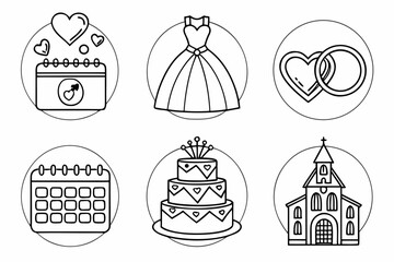 Vector art of wedding icons set with calendar, dress, ring, cake and church isolated on white