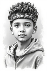 Sketch of a Young Mixed-Race Boy with a Headband and Confident Expression