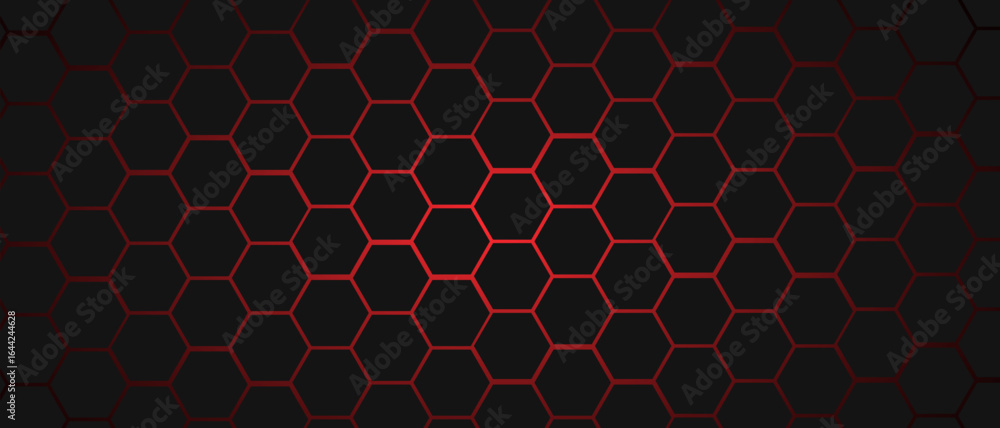 Fototapete black hexagon grid pattern on red background, bright light coming from below. technology, connection