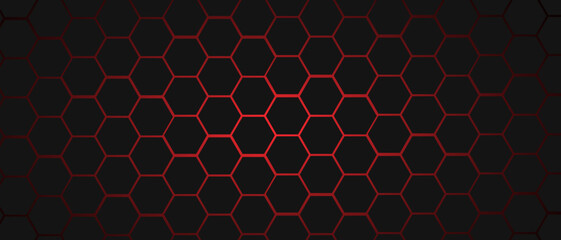 Black hexagon grid pattern on red background, bright light coming from below. Technology, connection and data concept. High resolution full frame abstract and modern background with copy space.