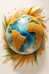 earth globe with sun and wheat