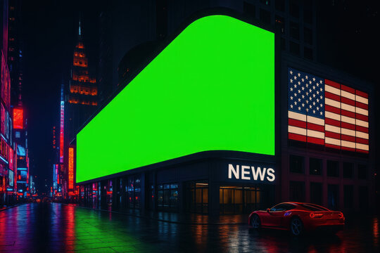 Neon Metropolis Display: A captivating view of a cityscape at night, dominated by a huge digital display screen showcasing an American flag alongside the word NEWS.