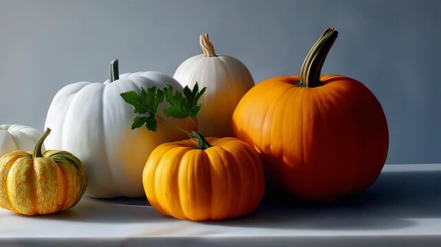A row of pumpkins with one of them having a green stem. The pumpkins are of different sizes and colors, with some being white and others orange