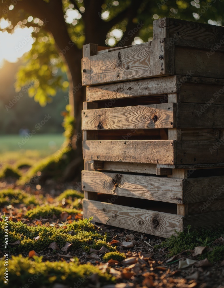 Poster stacked harvest crates with blank labels turned inward in a serene setting