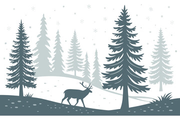 A lone deer stands among pine trees in a snowy winter forest landscape, with snowflakes falling from the sky