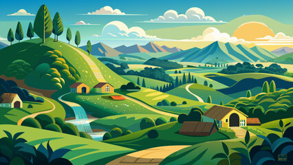 Golden fields meet tranquil streams, while lush meadows stretch toward distant mountains, embodying the peaceful beauty of Matamata, a magical landscape immortalized in film and cherished by visitors 