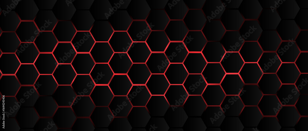 Fototapete black hexagon grid pattern on red background, bright light coming from below. technology, connection