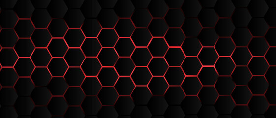 Black hexagon grid pattern on red background, bright light coming from below. Technology, connection and data concept. High resolution full frame abstract and modern background with copy space.