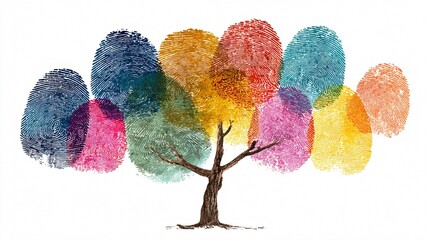 Vibrant Colorful Fingerprints Tree on White Background for Various Design Projects