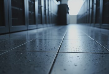 Server room floor tiles and plinths reflecting light in a modern data center