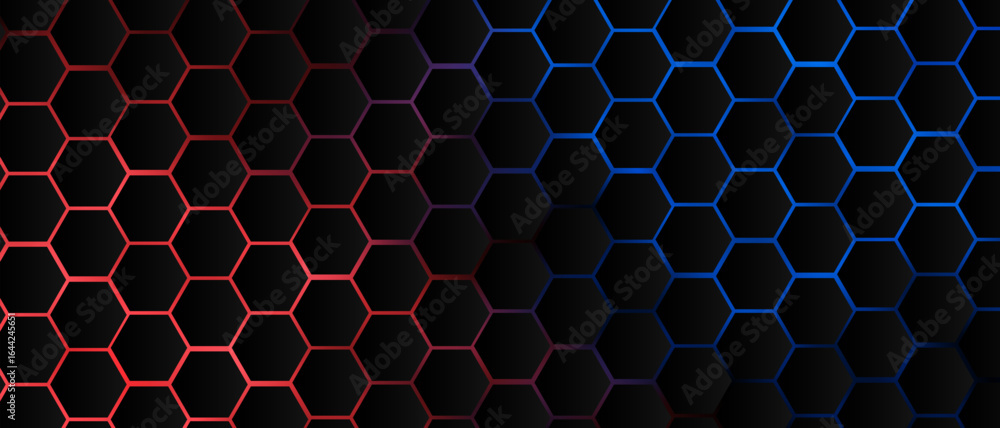 Fototapete black hexagon grid pattern on red & blue background, bright light coming from below. technology, con