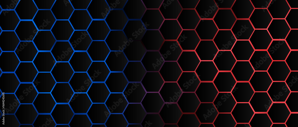 Fototapete black hexagon grid pattern on red & blue background, bright light coming from below. technology, con