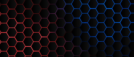 Black hexagon grid pattern on red & blue background, bright light coming from below. Technology, connection and data concept. High resolution full frame abstract and modern background with copy space.