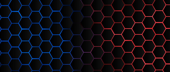 Black hexagon grid pattern on red & blue background, bright light coming from below. Technology, connection and data concept. High resolution full frame abstract and modern background with copy space.