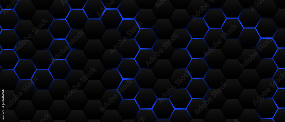 Fototapete black hexagon grid pattern on blue background, bright light coming from below. technology, connectio