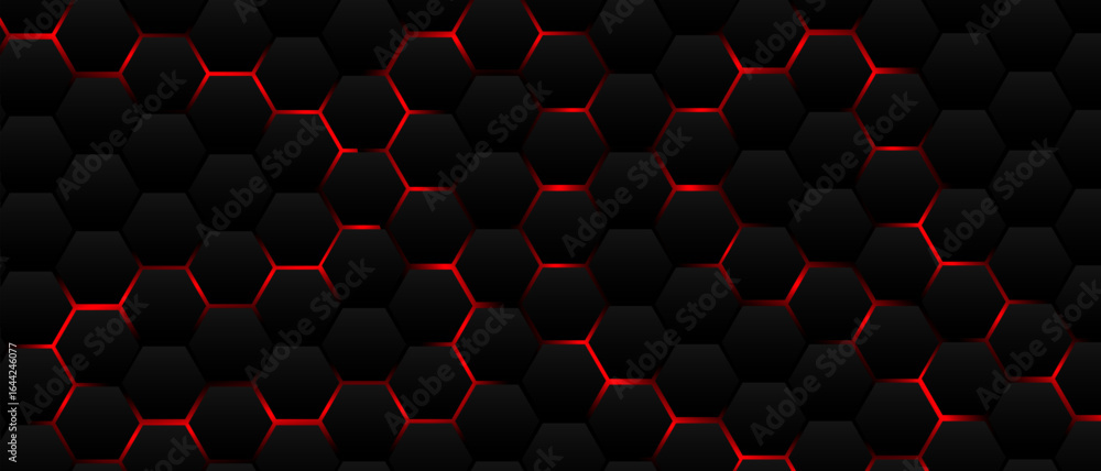 Fototapete black hexagon grid pattern on red background, bright light coming from below. technology, connection