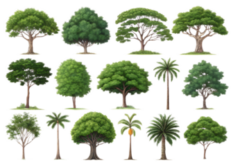 A collection of fifteen diverse tree illustrations against a black background showcase variety and detail