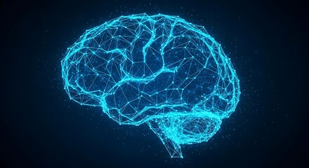 Digital representation of a human brain made of glowing blue lines and nodes, symbolizing intelligence and technology