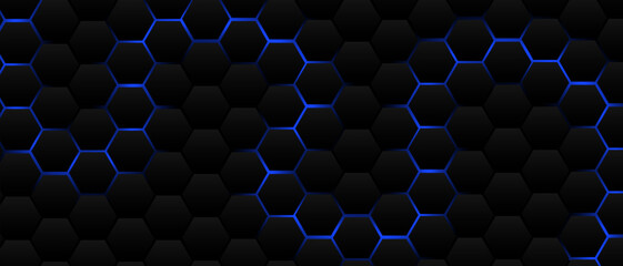 Black hexagon grid pattern on blue background, bright light coming from below. Technology, connection and data concept. High resolution full frame abstract and modern background with copy space.