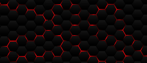 Black hexagon grid pattern on red background, bright light coming from below. Technology, connection and data concept. High resolution full frame abstract and modern background with copy space.