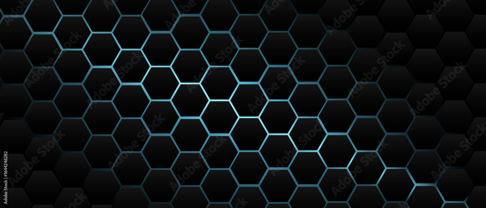 Fototapete black hexagon grid pattern on turquoise background, bright light coming from below. technology, conn