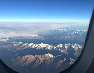 High-altitude view of snowy mountain ranges